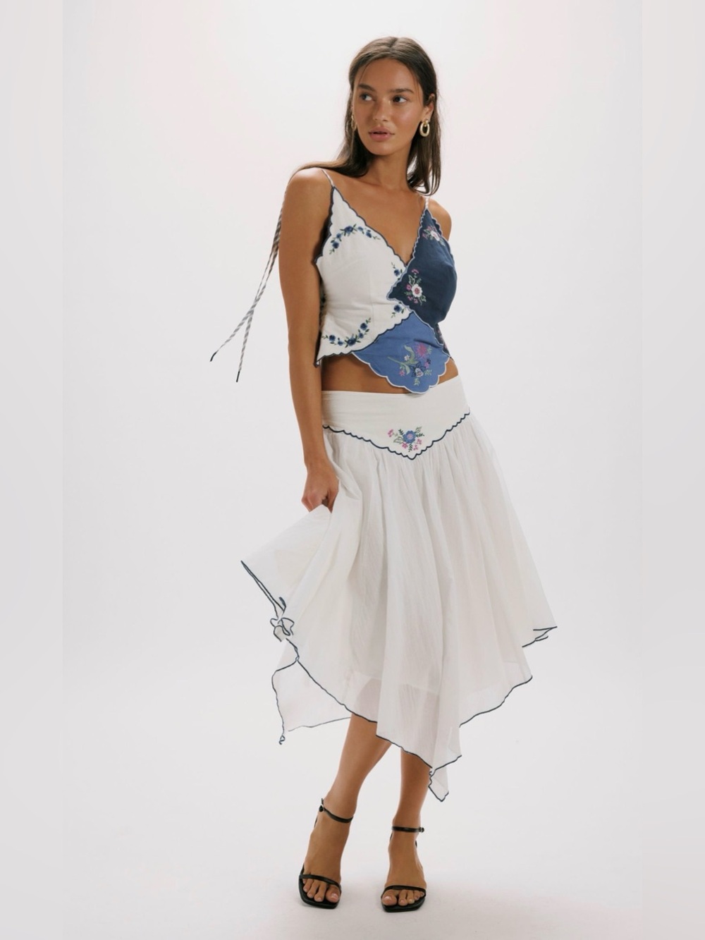 Free People White Handkerchief Midi Skirt with Navy Embroidered Waist
